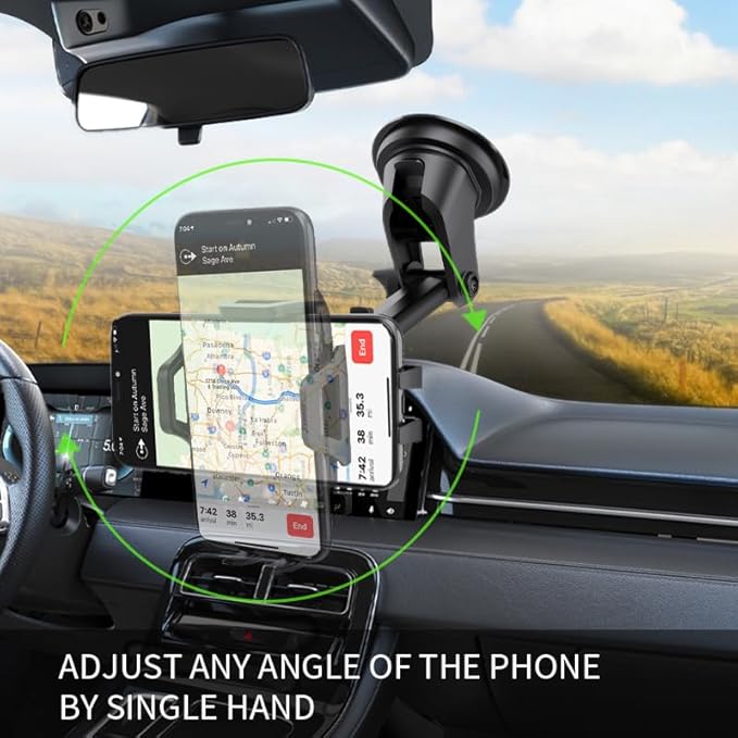 Esoulk 360° Rotating Windshield & Dashboard Car Phone Holder – Strong Suction Cup, Adjustable Long Arm, Secure Grip, Compatible with iPhone, Samsung, Android, GPS (Dash (Slide Arm))