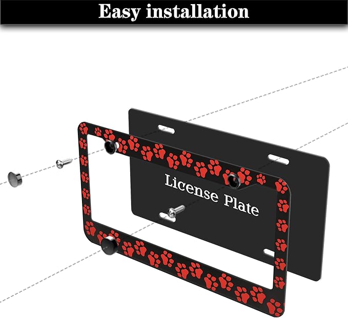 Custom License Plate Frame Black and Red License Plate Frames Animal Dog Paw Aluminum Metal Car Accessory 2 Pack with Screw Covers Set