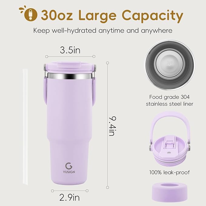 VUSIGN 30 oz Tumbler with Handle and Flip Straw, Stainless Steel Vacuum Insulated Water Bottle Travel Mug Thermal Cup for Home, Office, Car, Outdoors, Sports, Orchid