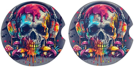 Cup Holder Coaster for Car, 2 Pack Car Coasters for Cup Holders, Cork Base Car Cup Coasters for Drinks, Universal Funny Car Accessories, Halloween Decorations Table Coaster Home Decor (Colored Skull)