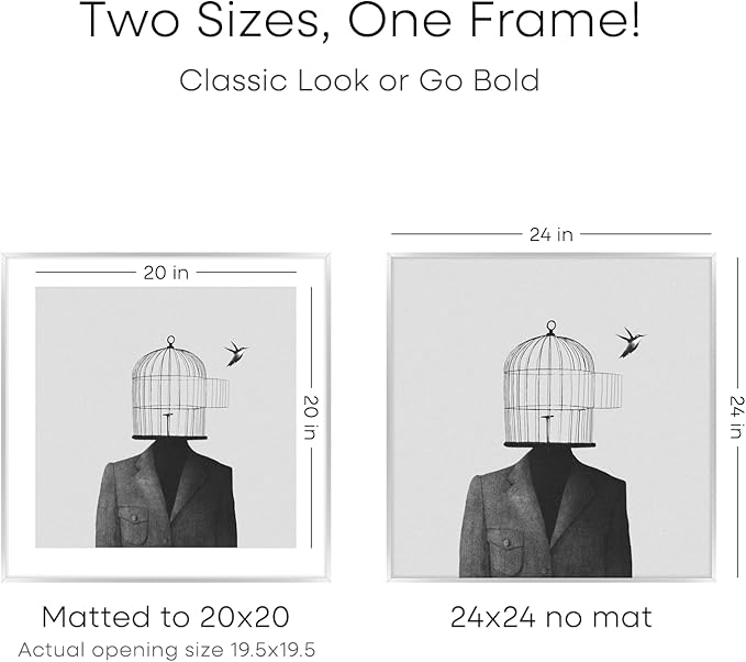 Homeforia 24x24 Silver Picture Frame, High End Metal 24 x 24 Large Square Silver Frames with Mat 20 by 20 inch Photo, 24by24 Thin Poster Frame Matted to 20x20 Print, Tempered Glass, Wall Kit, Set of 3