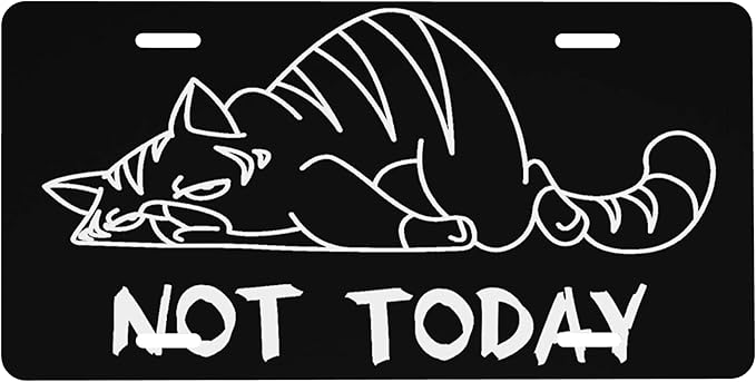 Front License Plate Not Today Vanity Plates Aluminum Metal Decorative Car Tag Tired Cat Novelty License Plate Cover for Men Women 6 * 12 in (4 Holes)