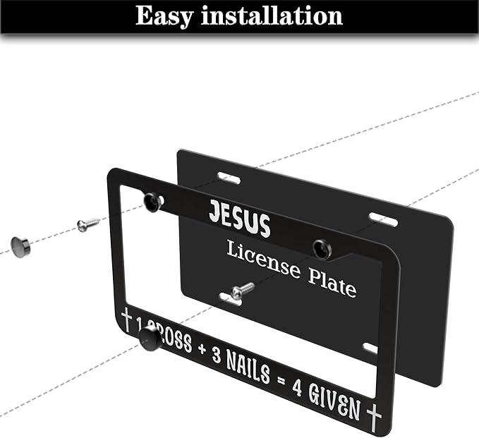 Fun License Plate Frame Cover Black and White License Plate Frames Jesus 1 Cross 3 Nails 4 Given Universal Aluminum Car Accessory 2 Pack with Screw Covers Set