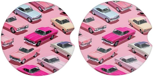 Cup Holder Coaster for Car, 2 Pack Cork Base Coasters for Drinks, Universal Funny Aesthetic Accessories, Table Home Decor (Small Pink Cars)