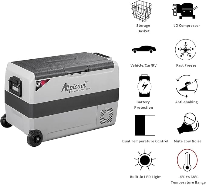 Alpicool LGT50 Dual Temperature Control 12 Volt Refrigerator 53 Quart Portable Car Fridge Freezer (-4°F~68°F) for Truck, RV, Boat, Camping and Travel