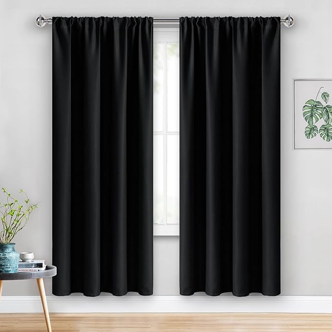 JIUZHEN Blackout Curtains for Bedroom - Thermal Insulated Room Darkening Rod Pocket Curtains for Living Room, Set of 2 Panels with Tiebacks, 38 x 72 Inch Length, Black