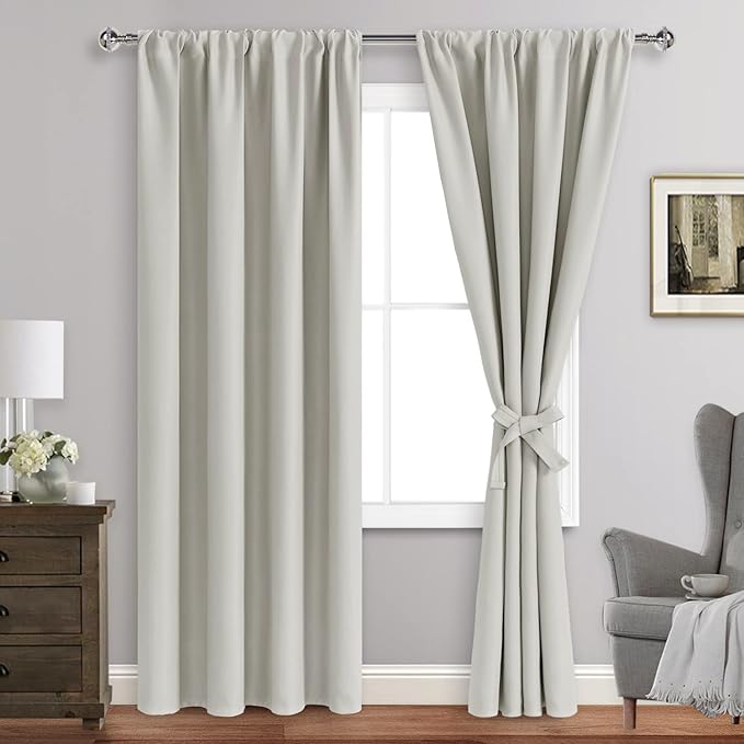 JIUZHEN Blackout Curtains for Bedroom - Thermal Insulated Room Darkening Noise Reducing, 42 x 96 Inch Length Curtains for Living Room, Set of 2 Panels with Tiebacks,Ivory