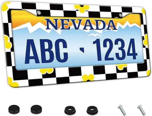MIOAOSRT Daisy Flower with Check Plaid License Plate Frame White Black Doodle License Plate Cover Car Tag Holder Metal License Plate Frame Fits Standard U.S.Vehicles 12x6 Inch