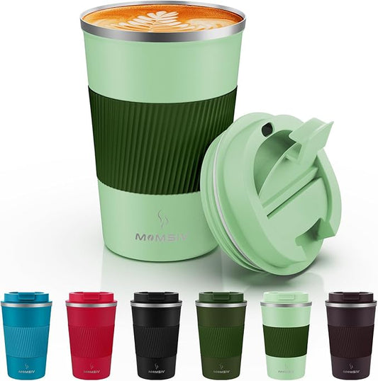 MOMSIV 12oz Travel Mug, Insulated Coffee Cup with Leakproof Lid, Vacuum Stainless Steel Double Walled Reusable Tumbler for Hot and Cold Water Coffee and Tea In Travel and Car (Green-380ml)