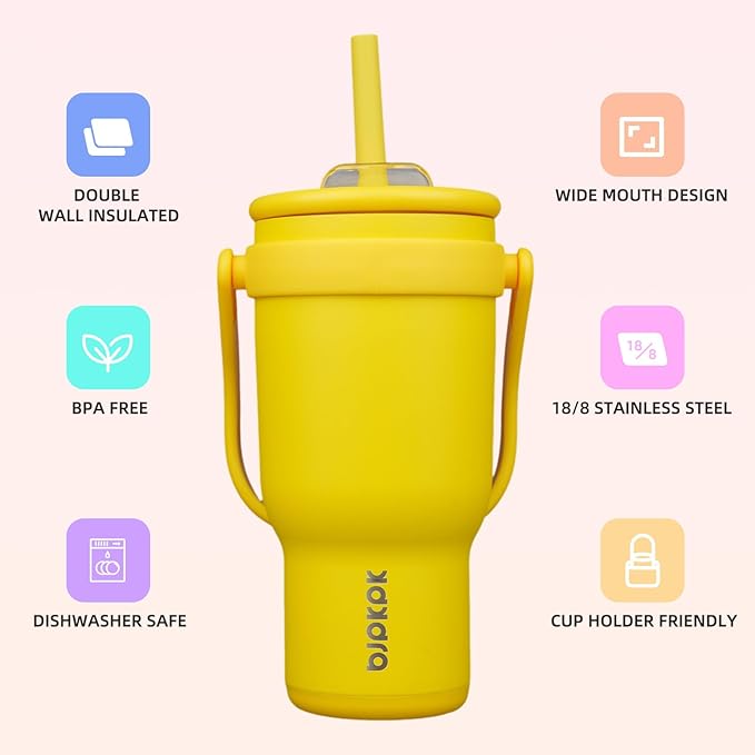 BJPKPK 30 OZ Insulated Travel Tumbler with Handle and Straw, Stainless Steel Water Bottle, Double Wall Vacuum Insulated Mug, for Work, Car, Travel, Yellow