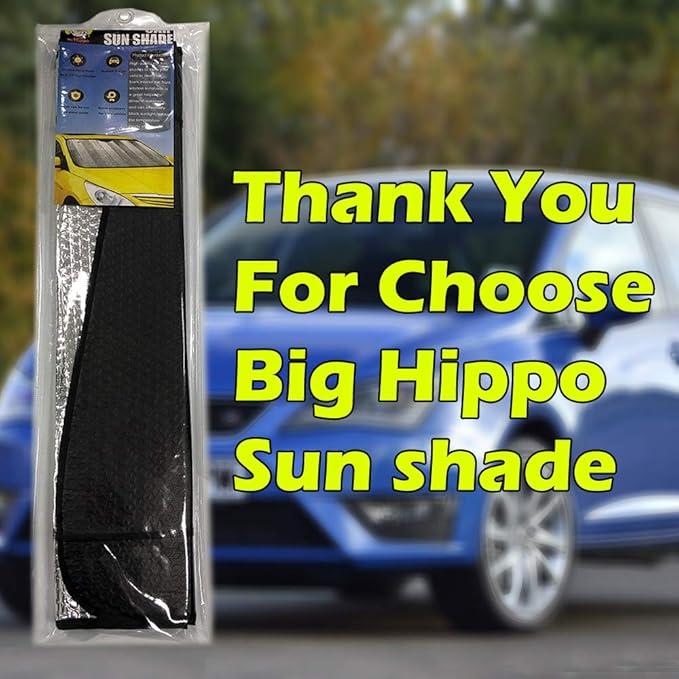 Big Hippo Front Car Sun Shade Windshield, Jumbo/Standard Sunshade Keeps Vehicle Cool UV Ray Sun Visor Protector Sunshades - Easy to Use Folding Sun Shade - Silver/Black Sides(Size: 55.16 X 27.5inch)