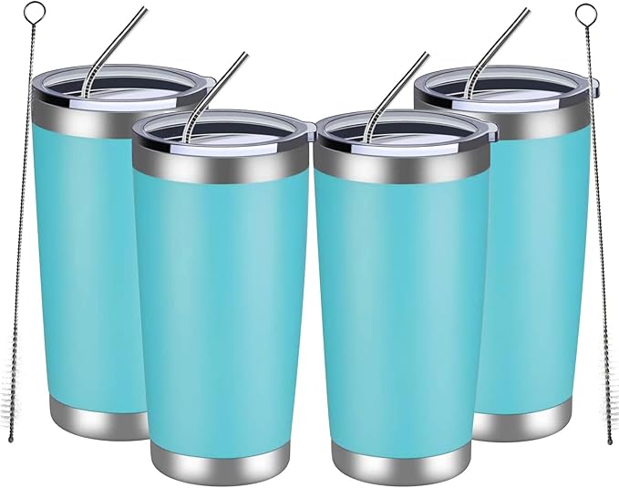 MEWAY 20oz Tumbler 4 Pack Double Wall Vacuum Insulated Travel Mug Bulk, Stainless Steel Tumblers with Lid and Straw, Durable Powder Coated Coffee Cups for Cold & Hot Drinks (Light Blue, 4)