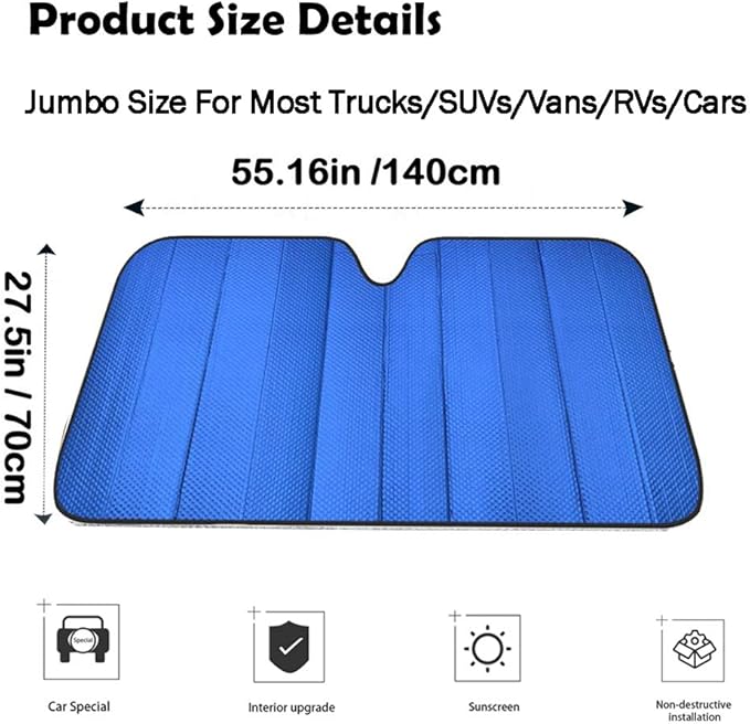 Windshield Sunshade Car Foldable UV Ray Reflector Auto Front Window Sun Shade Visor Shield Shade,Keeps Vehicle Cool - Blue (55" x 27.5")