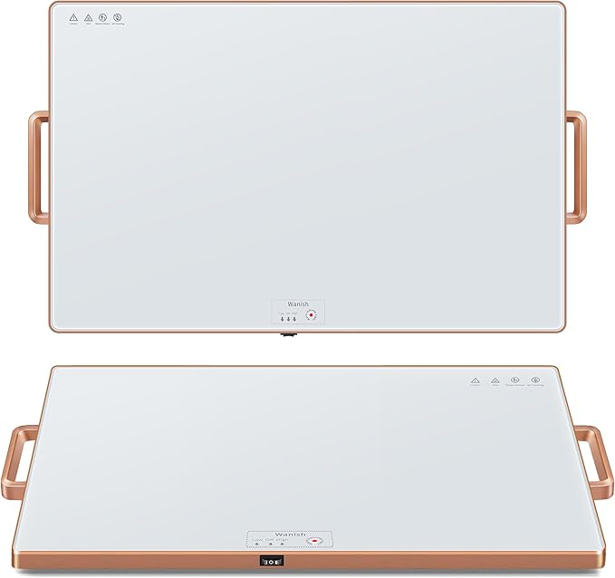 Electric Warming Tray (XXL 32”x18”),Food Warmers for Parties Buffet with Thermostat&Full Surface Heating,Tempered Glass Warming Mat for Food, Temperature Adjustable Gold Handles Food Warming Mat,White