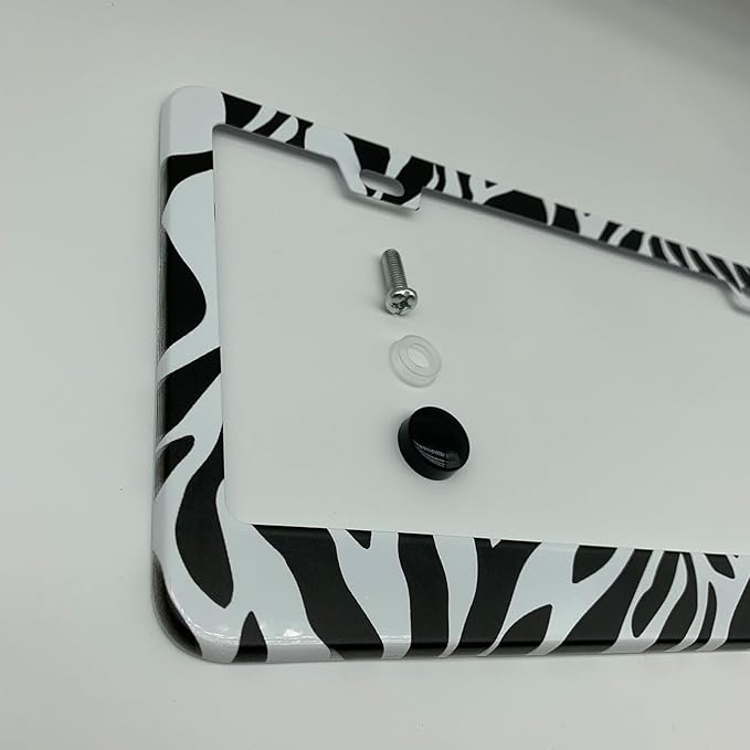 Zebra Print Black White License Plate Frame Cover, Matte White Powder Coated Stainless Steel, Animal Print Auto Car Tag Frame with 2 Holes & Free Screws