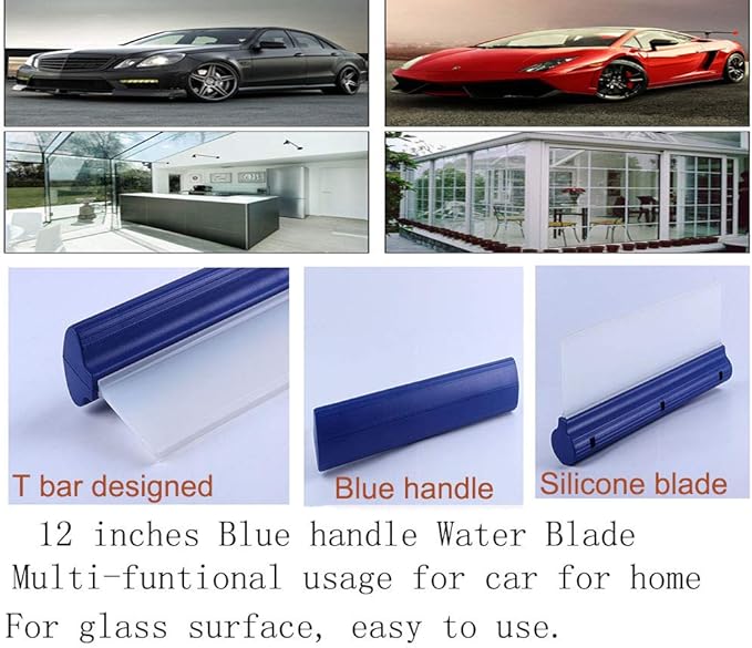 Car Squeegee 12 Inch Flexible T-Bar Water Blade Silicone Squeegee for Car or Home Glass Blue Handle
