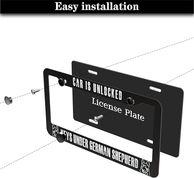 Front License Plate Bracket Black and White License Plate Frames Car is Unlocked Keys Under German Shepherd Universal Aluminum Car Accessory 2 Pack with Screw Covers Set