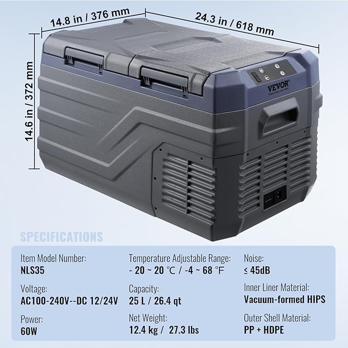 VEVOR NLS35, 12 Volt Car Refrigerator Fridge, 25Liter(26.4qt) Dual Zone Portable Freezer, -4℉-68℉ Adjustable Range, 12/24V DC and 100-240V AC Compressor Cooler for Outdoor, Camping, RV, Grey