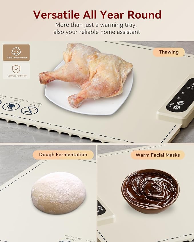 Negative ion Food Warming Mat with Adjustable Temperature,Foldable Electric Warming Tray for Parties Features 3 Modes & Fast Heating,Roll Up Food Warmer for Parties,Shabbat,Christmas (White)