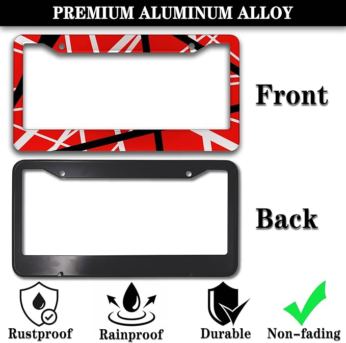 Automotive Exterior Accessories Red, Black, White License Plate Frames Rock Guitarist Red Black White Stripes Aluminum Metal Car Accessory 2 Pack with Screw Covers Set