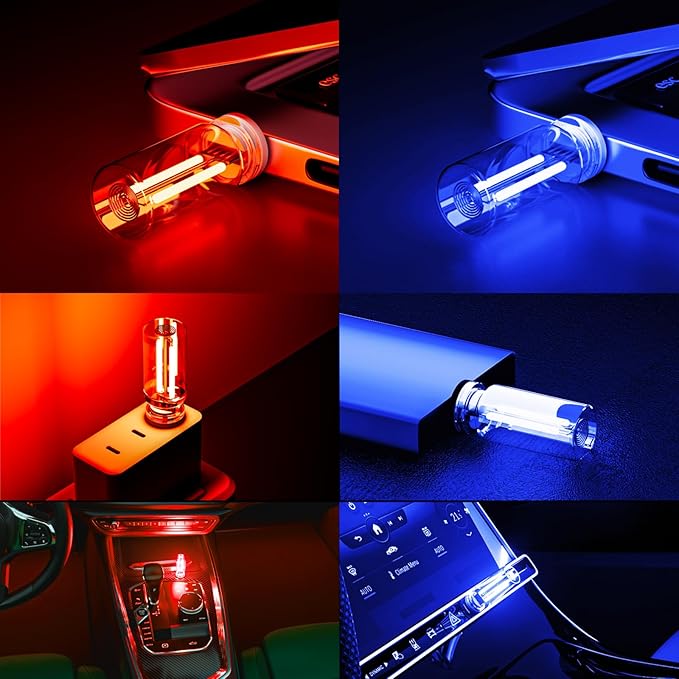4 PCS USB Night Light Bulb, Portable Plug-in Retro Car Interior Ambient Lights, Mini Touch Dimmable Glass Bottle LED Bulb for Vehicle, Bedroom, Hallway, Camping, Holiday(2Red&2Blue)