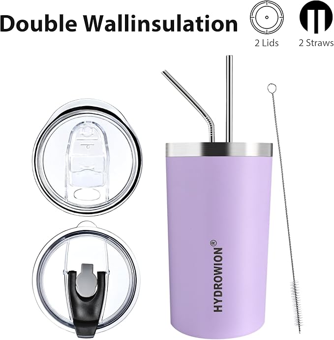 HYDROWION Triple-Insulated Tumblers - Stainless Steel with Lid and Straw, 12 oz Water Bottle, Stainless Steel Cups, Coffee Travel Mug for Home & Office Lavender