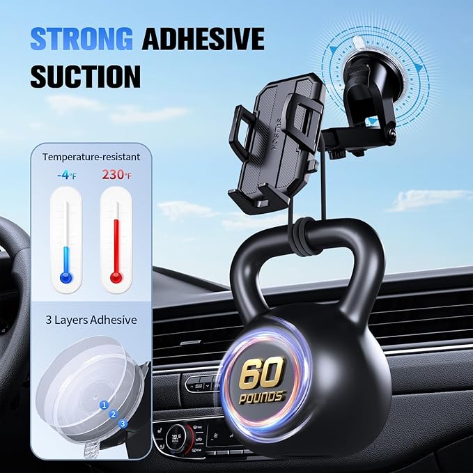 3 in 1 Car Phone Holder, Dashboard & Windshield & Vent Universal Car Mount Phone Holder for Your Car, Cell Phone Holder Truck for iPhone 16 15 Pro Max 14 Samsung, Matte Black
