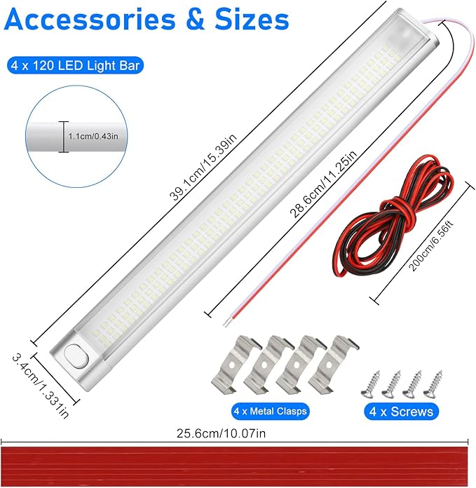Linkstyle 2PCS 12V Interior LED Light Bar, 168 LEDs 6000K Lights Strip with ON/Off Switch, Interior Lighting Lamp for Car RVs Trucks Boats