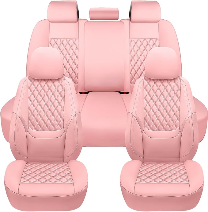 NS YOLO Leather Car Seat Covers Full Set, Universal Fit for Cars Trucks,SUVs,Waterproof Car Seat Protector,Automotive Seat Covers for 5 Seats (Pink, Full Set(Front and Rear-5 Seats))