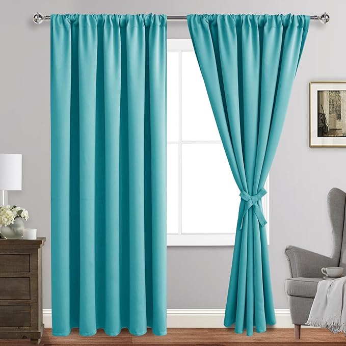 JIUZHEN Blackout Curtains for Bedroom - Thermal Insulated Room Darkening Noise Reducing, 70 x 84 Inch Length Curtains for Living Room, Set of 2 Panels with Tiebacks, Turquoise