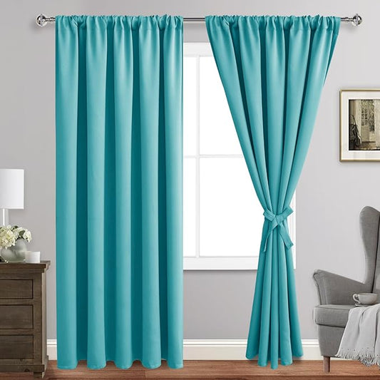 JIUZHEN Blackout Curtains for Bedroom - Thermal Insulated Room Darkening Noise Reducing, 70 x 84 Inch Length Curtains for Living Room, Set of 2 Panels with Tiebacks, Turquoise