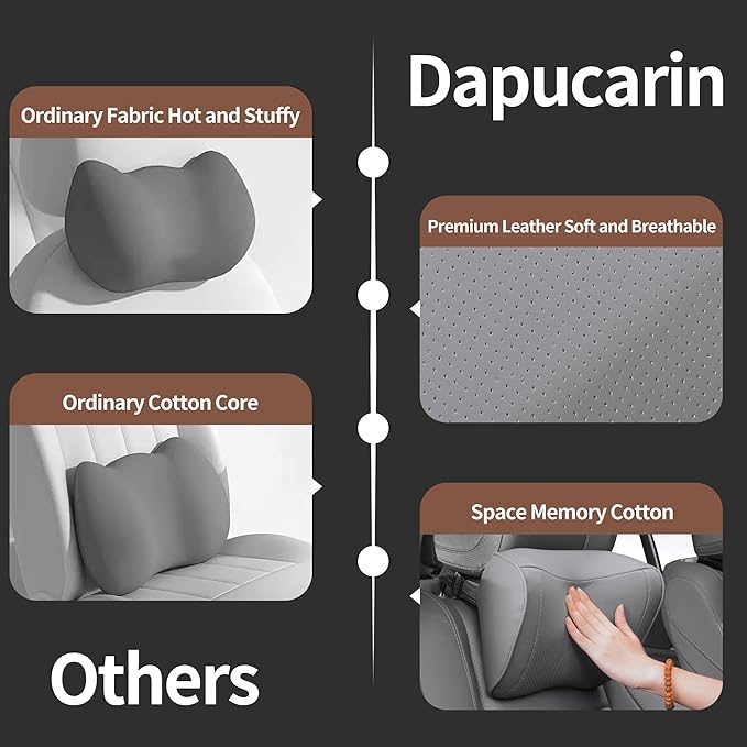 Car Headrest Pillow 100% Memory Foam, Breathable Removable Leather Cover, Premium Seat Support Head Neck Cushion for Driving Travel Home Office, Gray, 2 Pack