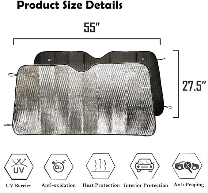 Big Ant Windshield Sun Shade UV Rays Sun Visor Shade,Auto Front Windshield Sunshade Car Folded Sun Shield Shade,Keeps Vehicle Cool - Black (55" x 27.5")