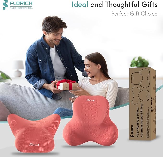FLORICH Car Lumbar Support Pillow and Neck Headrest Pillow for Office Chair, Ergonomic Memory Foam, Relieves Neck, Back Pain, Pressure-Relieving Back Support for Car, Office Chair & Wheelchair – Red