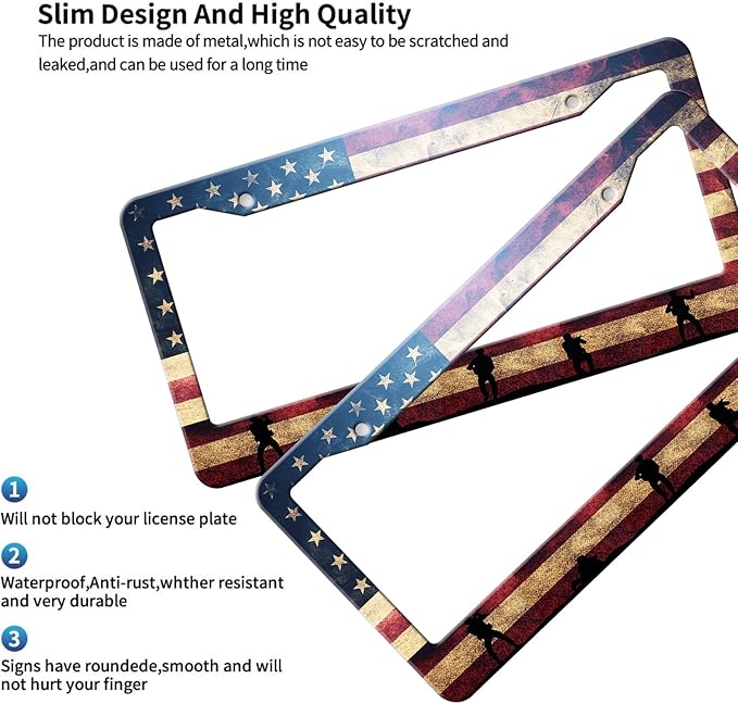 MIOAOSRT Soldiers on USA Flag License Plate Frame American Army License Plate Cover Car Tag Holder Metal License Plate Frame Fits Standard U.S.Vehicles 12x6 Inch