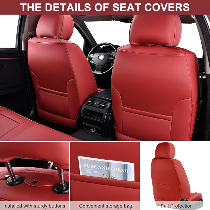 Auto Car Seat Covers Accessories Front Seat Leather Cushion Protector Breathable Waterproof Seat Cover for Cars Universal Fit (Wine, Front Pair)