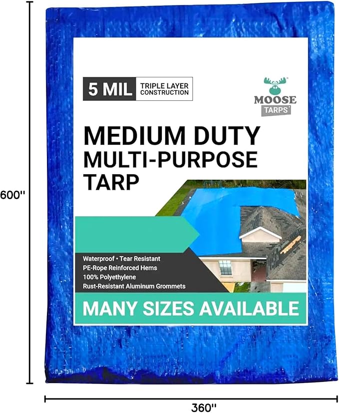 30' x 50' Waterproof Tarp | Medium Duty Reversible Blue/Silver | Multipurpose Indoor/Outdoor Use: Tents, Wood Cover, Furniture, Car, Boat, Pool, & More | Tear Resistant