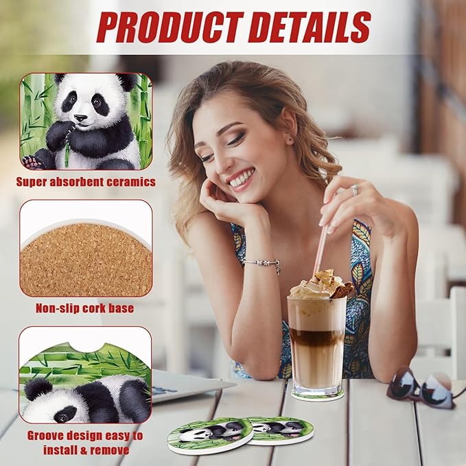 Cute Panda Car Coasters for Cup Holders, Absorbent Ceramic Car Coaster Car Cup Holder Coaster Car Accessories for Women Men (2 Pack)