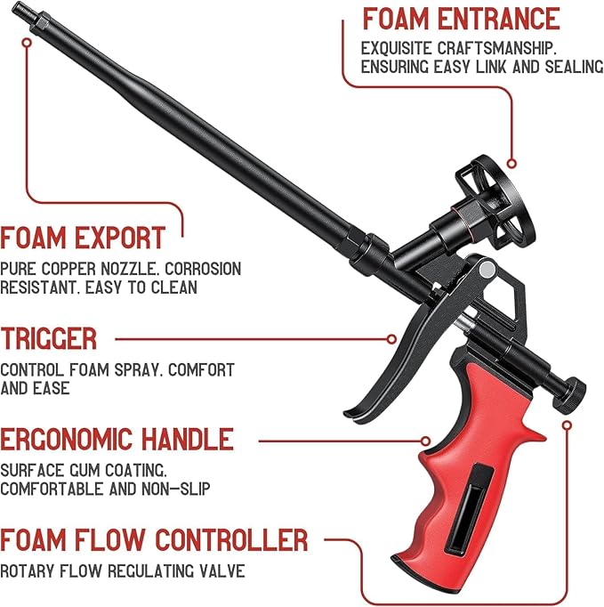 Pack of 4 Spray Expanding Foam Gun - Red Foam Dispensing Gun Long Foam Adhesive Gun Dispenser for Filling Sealing and Insulating Small Gaps
