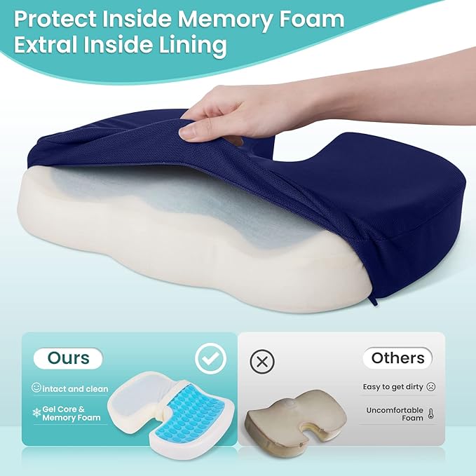 Office Chair Seat Cushion, Cooling Gel Enhanced Memory Foam Cushion for Long Sitting - Back, Sciatica, Coccyx, Tailbone Pain Relief Pillow - for Office, Gaming, Car, Wheelchair - Blue, X-Large