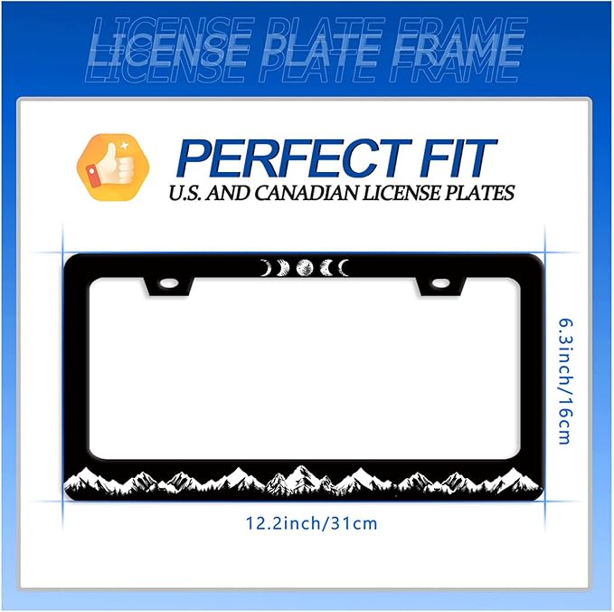 Moon Phase License Plate Frame Mountains Forest License Plate Stainless Steel Funny License Plate Holder for Men Women Universal Black Car Accessories Decoration 12.3" x 6.3"