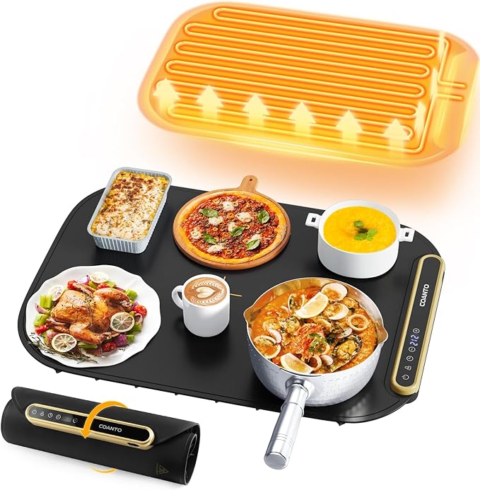 Coanto Food Warming Mat, Electric Warming Tray for Buffets & Parties, Silicone Heating Mat with 7 Temperature Settings, Roll-Up Storage, 17.91"x12.8", Black