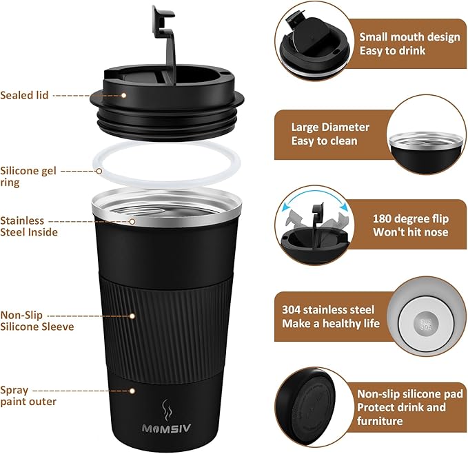 MOMSIV 17oz Travel Mug, Insulated Coffee Cup with Leakproof Lid, Vacuum Stainless Steel Double Walled Reusable Tumbler for Hot and Cold Water Coffee and Tea In Travel and Car
