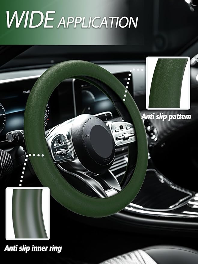 LRITER Car Steering Wheel Cover, Non-Slip Silicone Material, Multiple Color Choices, Universal Auto Parts Steering Wheel Cover, Suitable for Most Cars (Dark Green)