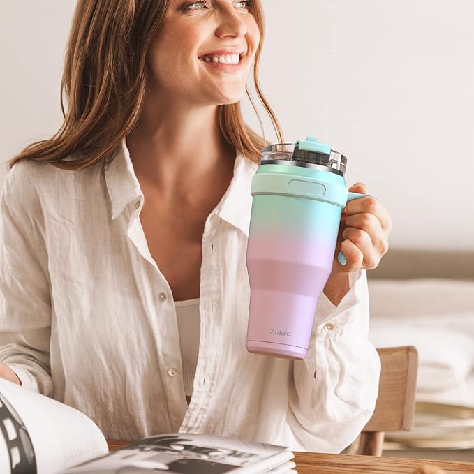 Zukro 40 oz Tumbler With Handle And Straw, Leak-proof Closable Flip Straw Lid, Insulated Stainless Steel Coffee Cup for Hot and Cold Drinks, Travel Mug Fit in Cup Holder, Dishwasher Safe