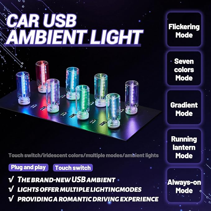 New Car USB Lights, 13 in 1 Touch Adjustment USB LED Car Lights, Mini Glass Bottle LED Bulb Night Lights, Switch Memory Retention, 13 Modes & 7 Colors for Vehicle Bedroom Camping Holiday (1Pcs)