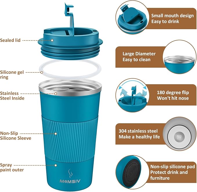 MOMSIV 17oz Travel Mug, Insulated Coffee Cup with Leakproof Lid, Vacuum Stainless Steel Double Walled Reusable Tumbler for Hot and Cold Water Coffee and Tea In Travel and Car