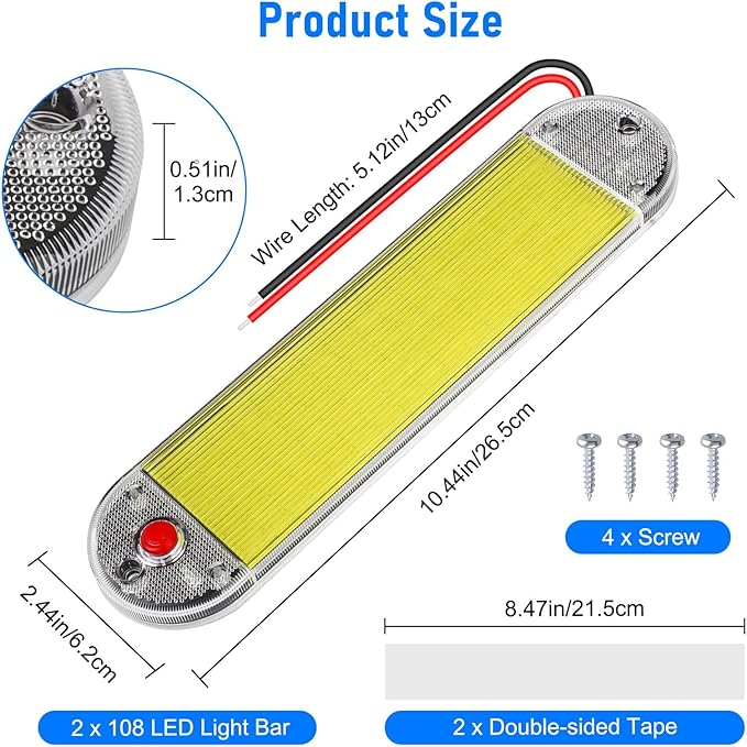 Linkstyle 2PCS 12V LED Interior Light Bar, 12V LED Light Strip with Switch, 108 COB 14W Lamp Beads for Car Truck RV Boat Cabinet Interior Lighting