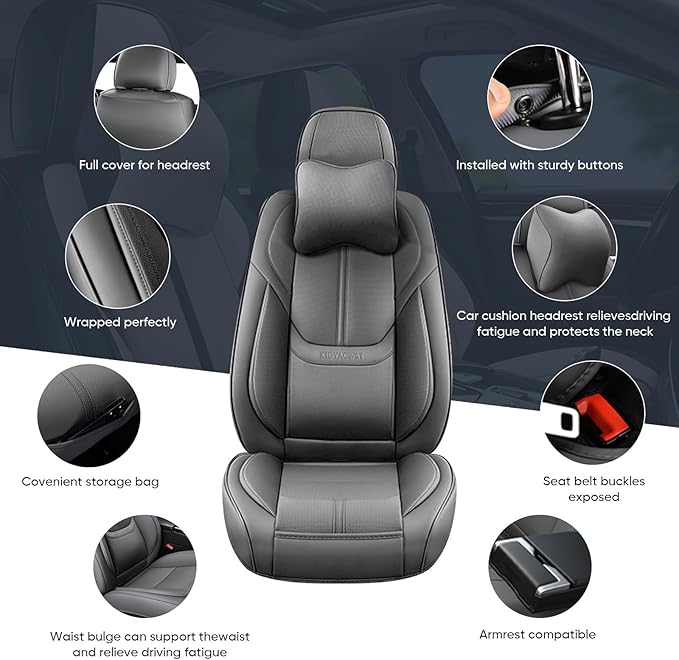 Auto Car Seat Covers Accessories Full Set Leather Cushion Protector Breathable Waterproof Seat Cover for Cars Universal Fit (Grey, Front Pair and Rear)