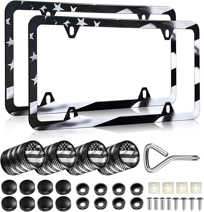 Black American Flag License Plate Frames - 2 Pack Patriotic Matte Gloss Stars Stripe US Flag Stainless Steel Car Tag Frame Holder Covers with 4 Fluttering Flag Valve Stem Caps, Screws Fasteners
